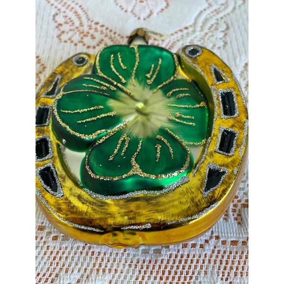 Vintage German Good Luck Horseshoe Ornament With Shamrock - Picture 2 of 8